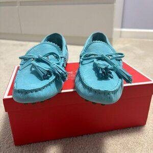 Coach Nadia Nubuck Leather Driving Loafers - Light Cyan Blue with Tassels
